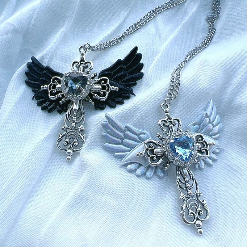 Goth Sexy Accessoire Flügel Kreuz Anhänger Halskette Y2K Schmuck Herz Kristall Halsband Punk Charm Halskette für Frauen Koreanische Mode