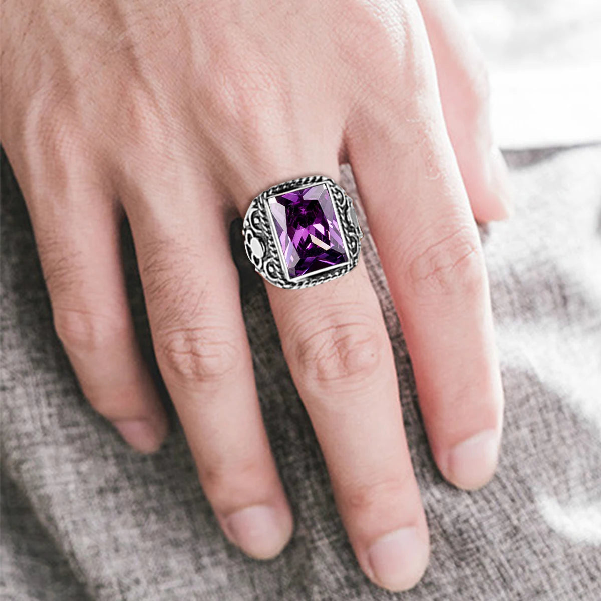Massive 925er Sterlingsilber dicke Herrenringe Amethyst Vintage Art Deco Revival Vintage männlicher Schmuck Party Geschenk für Ehemann