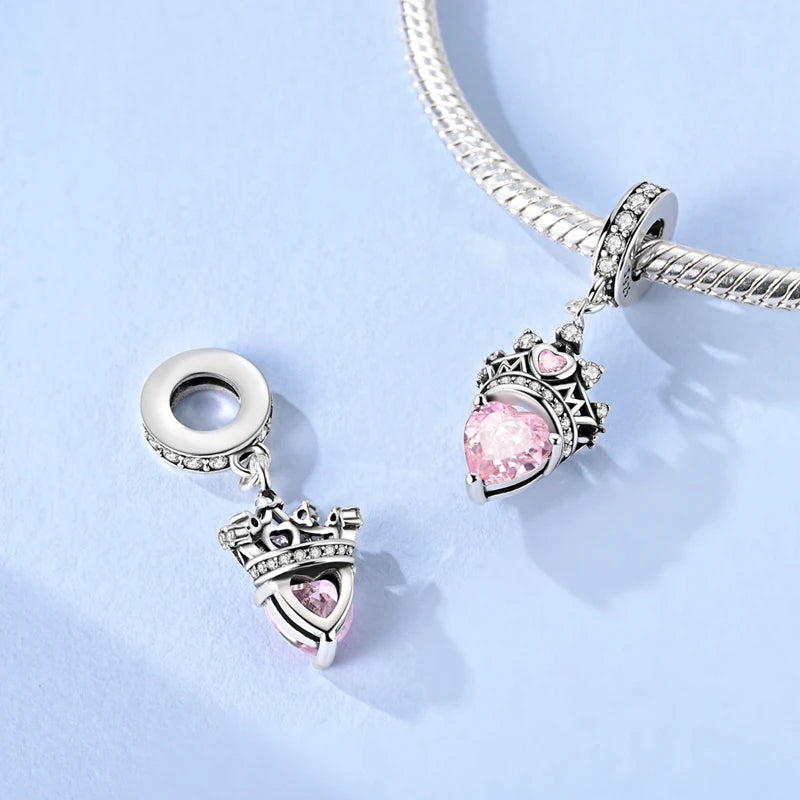 Rosa Charms aus 925er-Sterlingsilber, Perlen, Schmetterling, Parfümflasche, Krone, herzförmiger Zirkon, Charms für Frauen, feiner DIY-Schmuck, Geschenke
