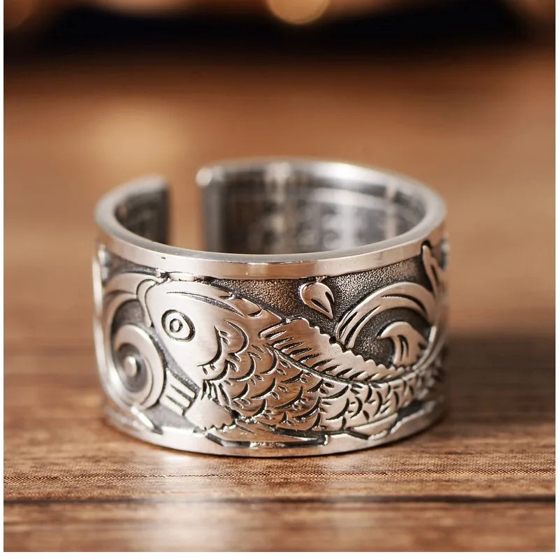 NEUE Vintage Koi Fisch Muster Öffnung Glück Ringe für Frauen Männer Charme Schmuck Mythische Tiere Muster Öffnung Ring