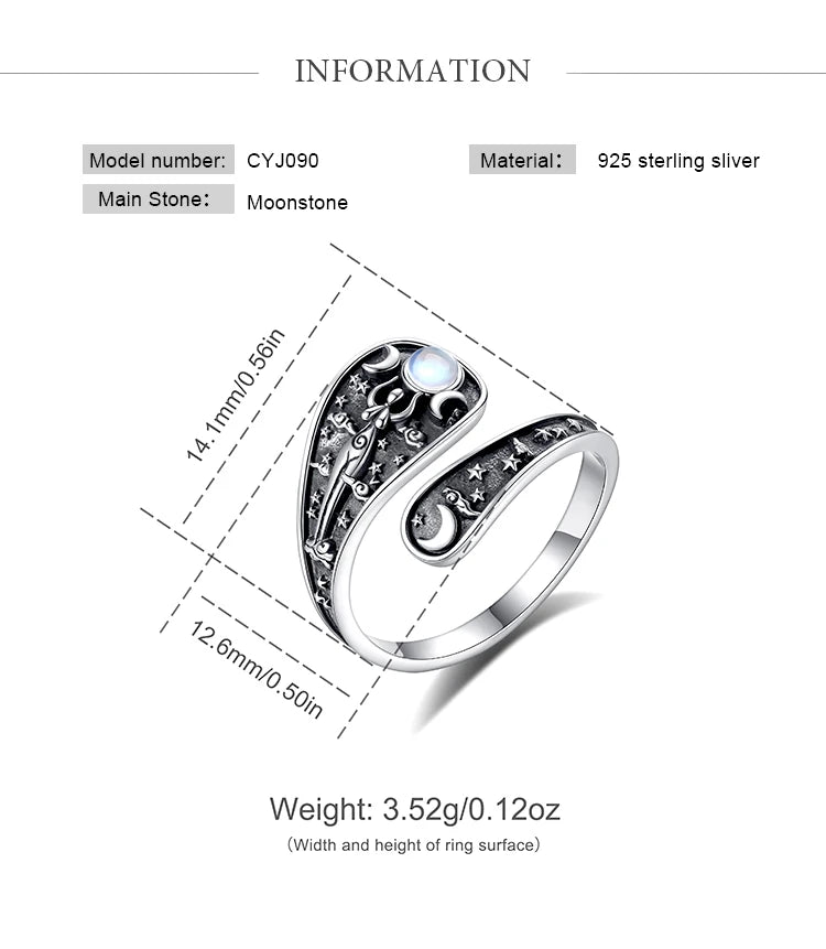 Eudora Verstellbarer Ring aus 925er-Sterlingsilber mit dreifacher Mondgöttin, Mondstein, Hekate, Amulett, Löffelring, Vintage-Schmuck, Geschenk für Frauen