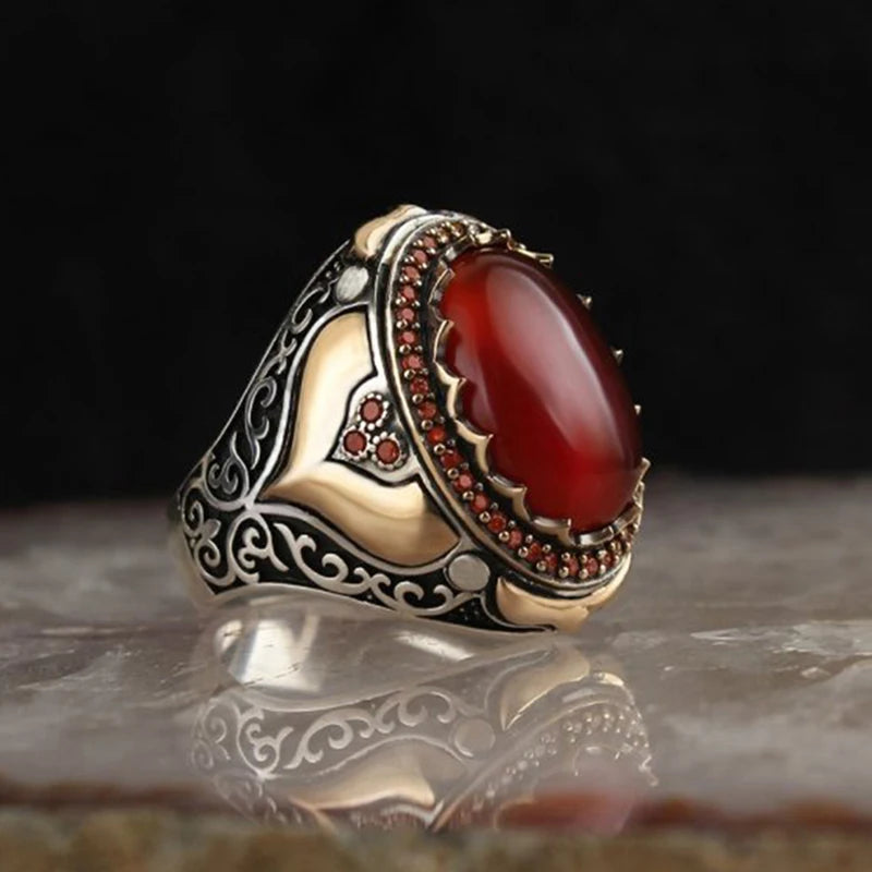 Trendy Handgemachte Nahen Osten Arabisch Türkische Siegelringe Für Männer Alte Silber Farbe Rot Granat Stein Flamme Ring Hochzeit Schmuck