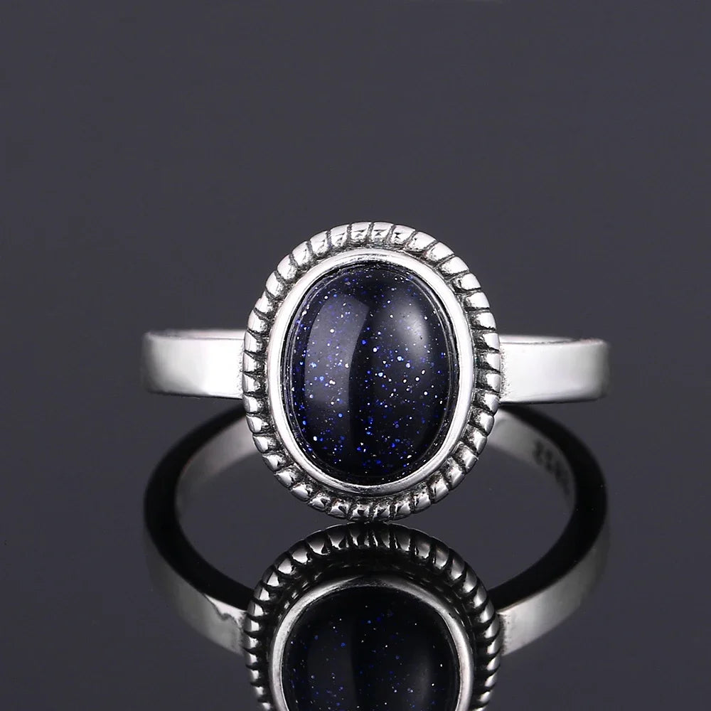 Ring aus 925er-Sterlingsilber, oval, rund, natürlicher blauer Sandstein, Ring für Frauen, Geschenk, Retro-Luxus, edler Schmuck