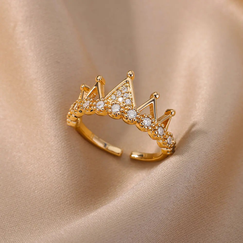 Zirkon Krone Ringe Für Frauen Edelstahl Gold Farbe Vintage Krone Offenen Ring Hochzeit Ästhetischen Schmuck Geschenk bijoux femme