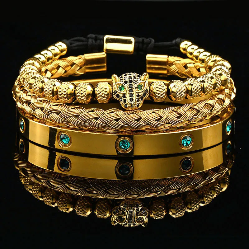 Luxus Schwarz Stein Perlen Leopard Kopf Mann Armband Emaille Edelstahl Römischen Armreifen Frauen Schmuck Set