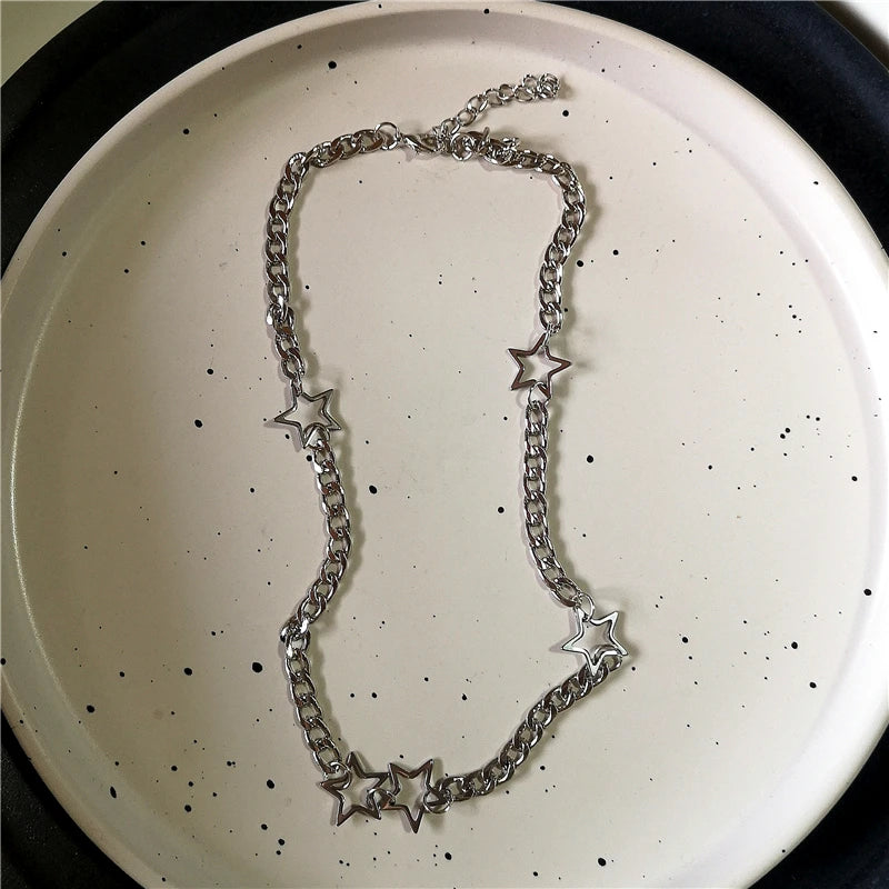 Vintage Y2k Ästhetische Pentagramm Stern Anhänger Silber Farbe Halsband Kette Halskette Für Frauen Coole Hip Hop Schmuck Charme Zubehör