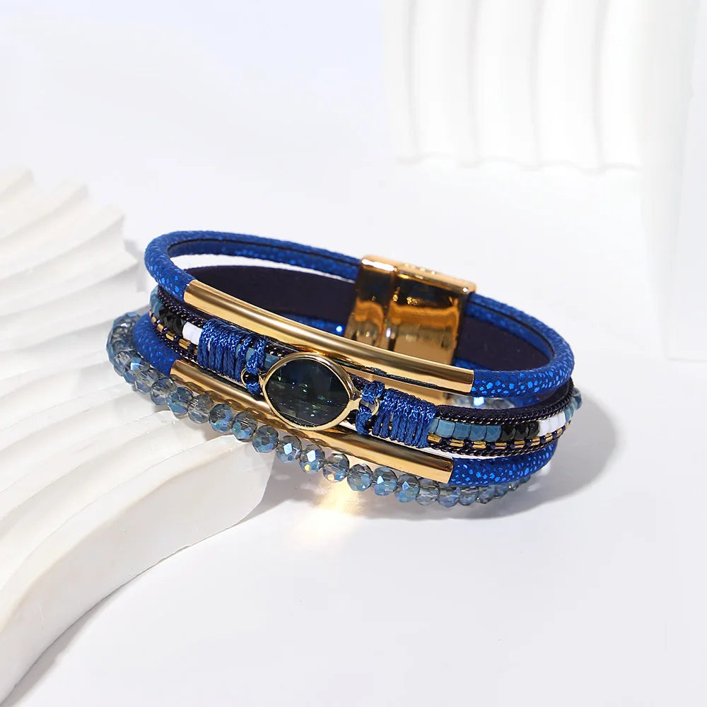 ALLYES Retro Blaue Lederarmbänder für Damen Herren Boho Charm Perle Kristall Herz Mehrschichtiges Wickelarmband & Armreif Schmuck Geschenke