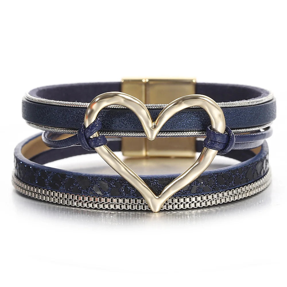 ALLYES Retro Blaue Lederarmbänder für Damen Herren Boho Charm Perle Kristall Herz Mehrschichtiges Wickelarmband & Armreif Schmuck Geschenke