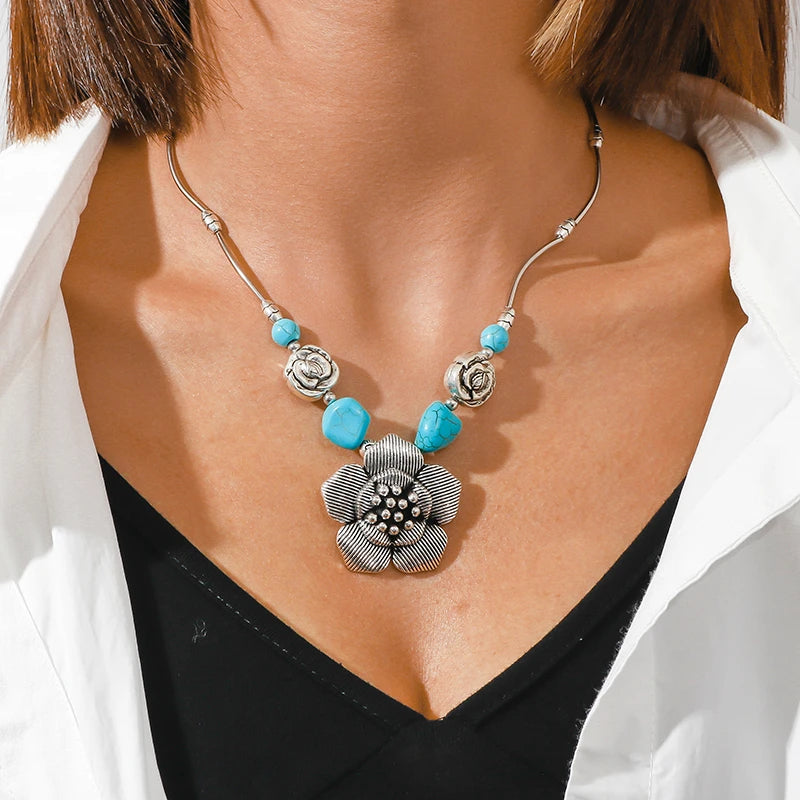 Ethnische Antike Silber Farbe Mond Choker Halsketten für Frauen Boho Türkis Halskette Mädchen Partei Schmuck Geschenke