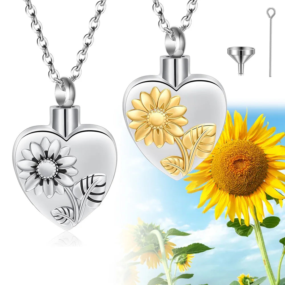 Urnen-Medaillon-Halskette mit Sonnenblumen-Herz, Asche-Halskette aus Edelstahl, Urnen-Halskette für Asche, Erinnerungs-Andenken, Schmuck für menschliches Haustier