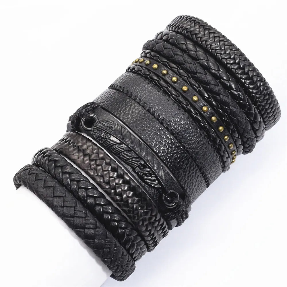 10 Teile/satz Schwarz Wrap Woven Neue Mode Handgemachte Männer Armbänder Männlichen Frauen Leder Armbänder Männer Armreif Großhandel Schmuck Geschenk