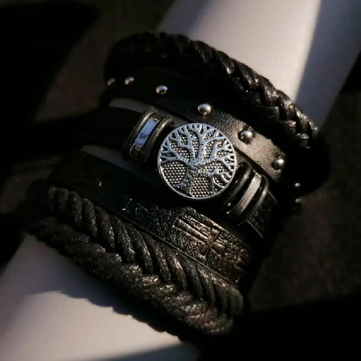Punk Casual Bead6 Teil/satz Baum Schwarz Khaki Handgemachte Männer Armbänder Männlichen Frauen Leder Armbänder Männer Armreif Großhandel Schmuck Geschenk