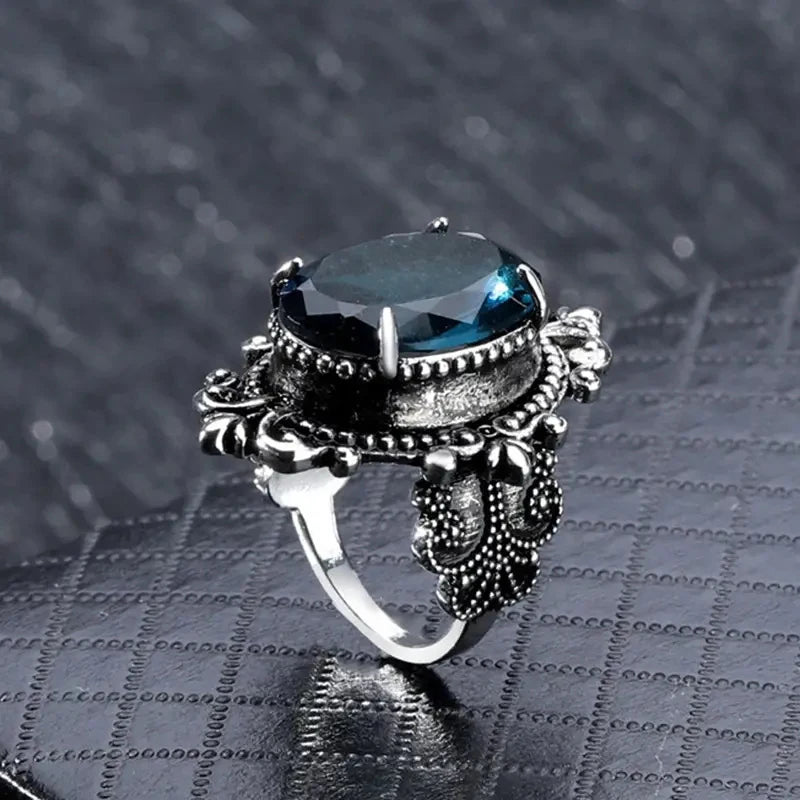 Huitan Geschnitzte Muster Vintage Frauen Ringe mit Oval Blau CZ Stein Retro Weibliche Ringe für Party Chic Jahrestag Geschenk Neue Schmuck