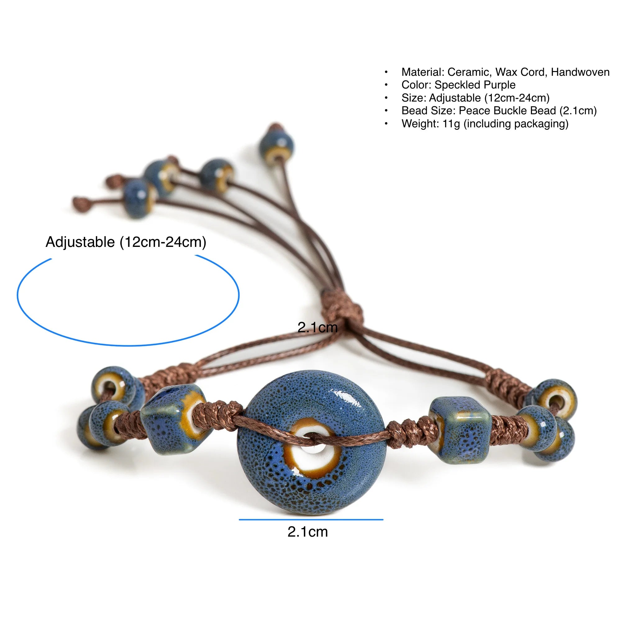 Handgefertigtes glasiertes Keramik-Armband mit Friedensschnalle, verstellbarer Vintage-Boho-Schmuck – S02-013
