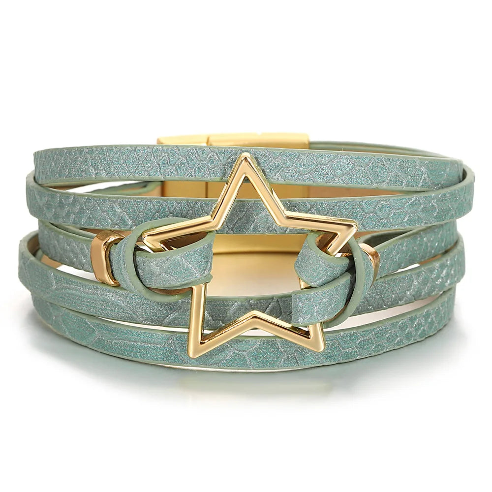 ALLYES Vintage grünes mehrschichtiges Wickelarmband aus Leder für Damen und Herren, Boho-Armbänder mit eingelegten Strasssteinen und Armreifen, Charm-Schmuck