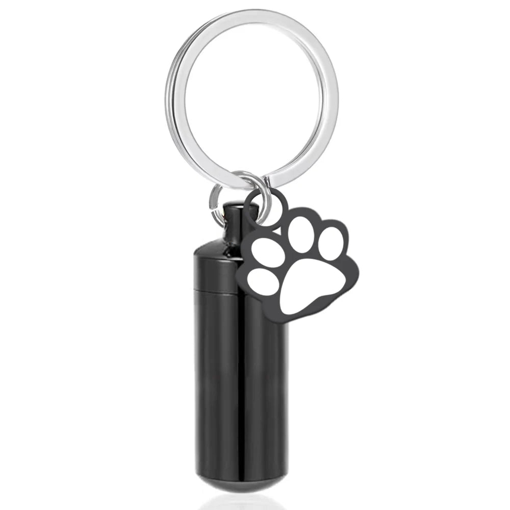 Haustier-Urnen-Schlüsselanhänger, Pfotenabdruck, Zylinder-Urnen-Anhänger, Schlüsselanhänger für Hunde, Asche, Welpen, Kätzchen, Asche, Andenken, Feuerbestattung, Gedenk-Anhänger