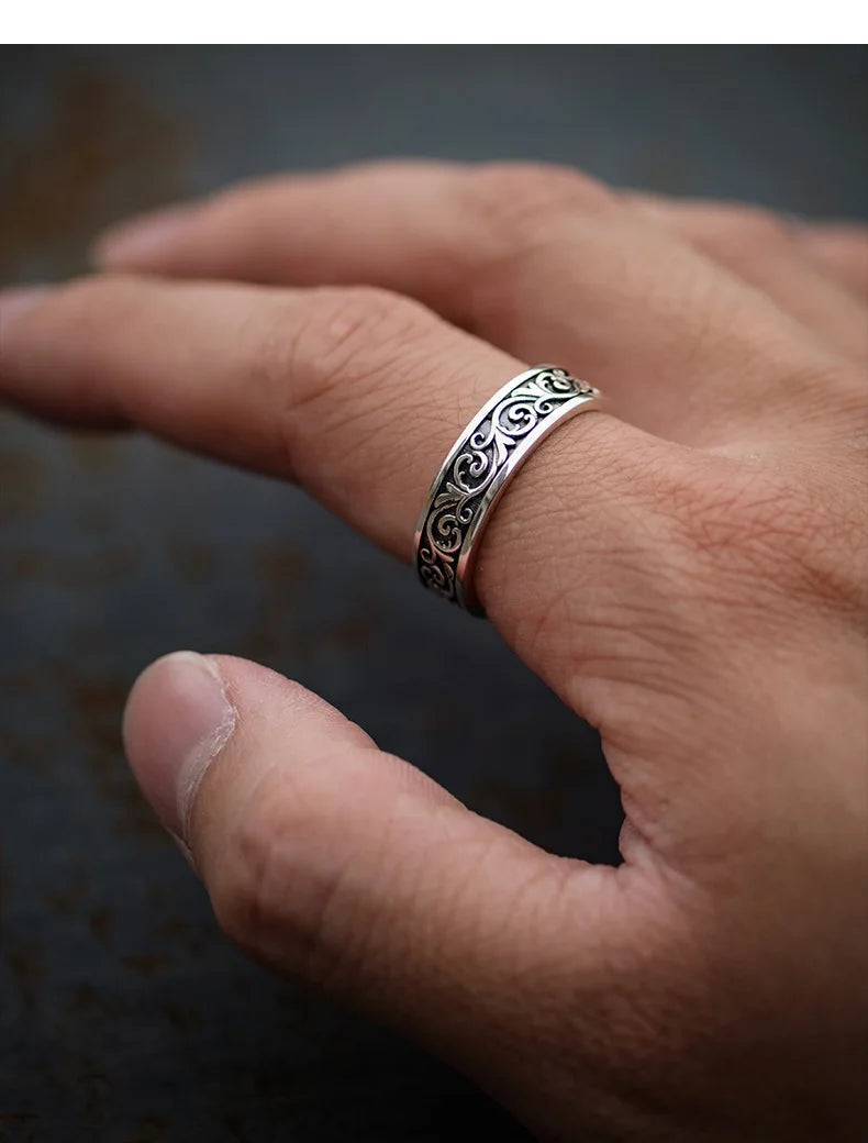 Retro Thai Silber Gras Muster Ring für Männer Trendy Vielseitig Personalisierter Schmuck Offene Einzelringe Fingerschmuck KOFSAC