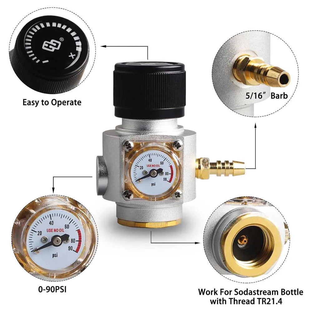 MUGLIO Soda Water Co2-Ladegerät-Set, Mini-Regler mit Widerhakenanschluss, europäischer Standard T21 x 4 Farbkugel-Adapter 0–90 psi