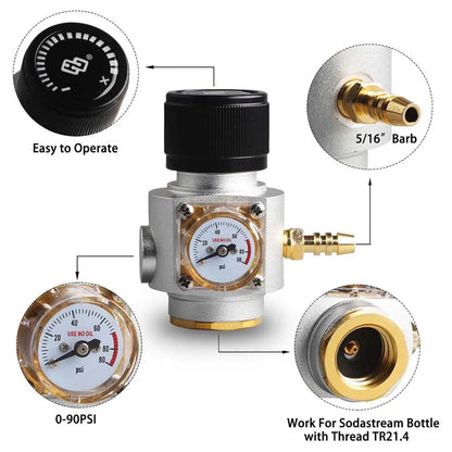 MUGLIO Soda Water Co2-Ladegerät-Set, Mini-Regler mit Widerhakenanschluss, europäischer Standard T21 x 4 Farbkugel-Adapter 0–90 psi