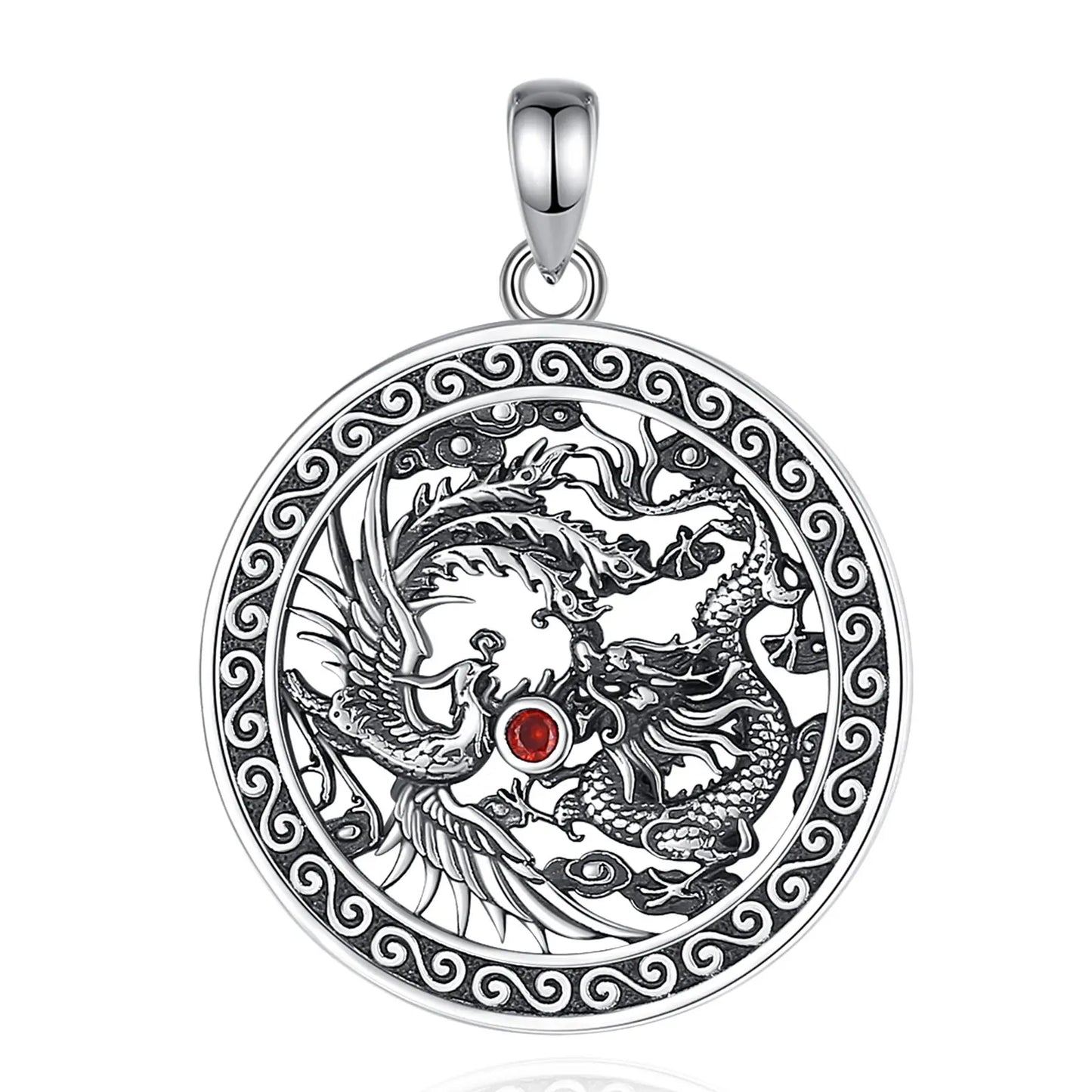 Eudora Halskette aus 925er-Sterlingsilber, Phoenix-Drachen-Halskette für Damen und Herren, Vintage-Stil, roter Zirkon, Sonnenamulett-Anhänger, Persönlichkeitsschmuck, Geschenk