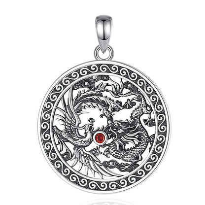 Eudora Halskette aus 925er-Sterlingsilber, Phoenix-Drachen-Halskette für Damen und Herren, Vintage-Stil, roter Zirkon, Sonnenamulett-Anhänger, Persönlichkeitsschmuck, Geschenk