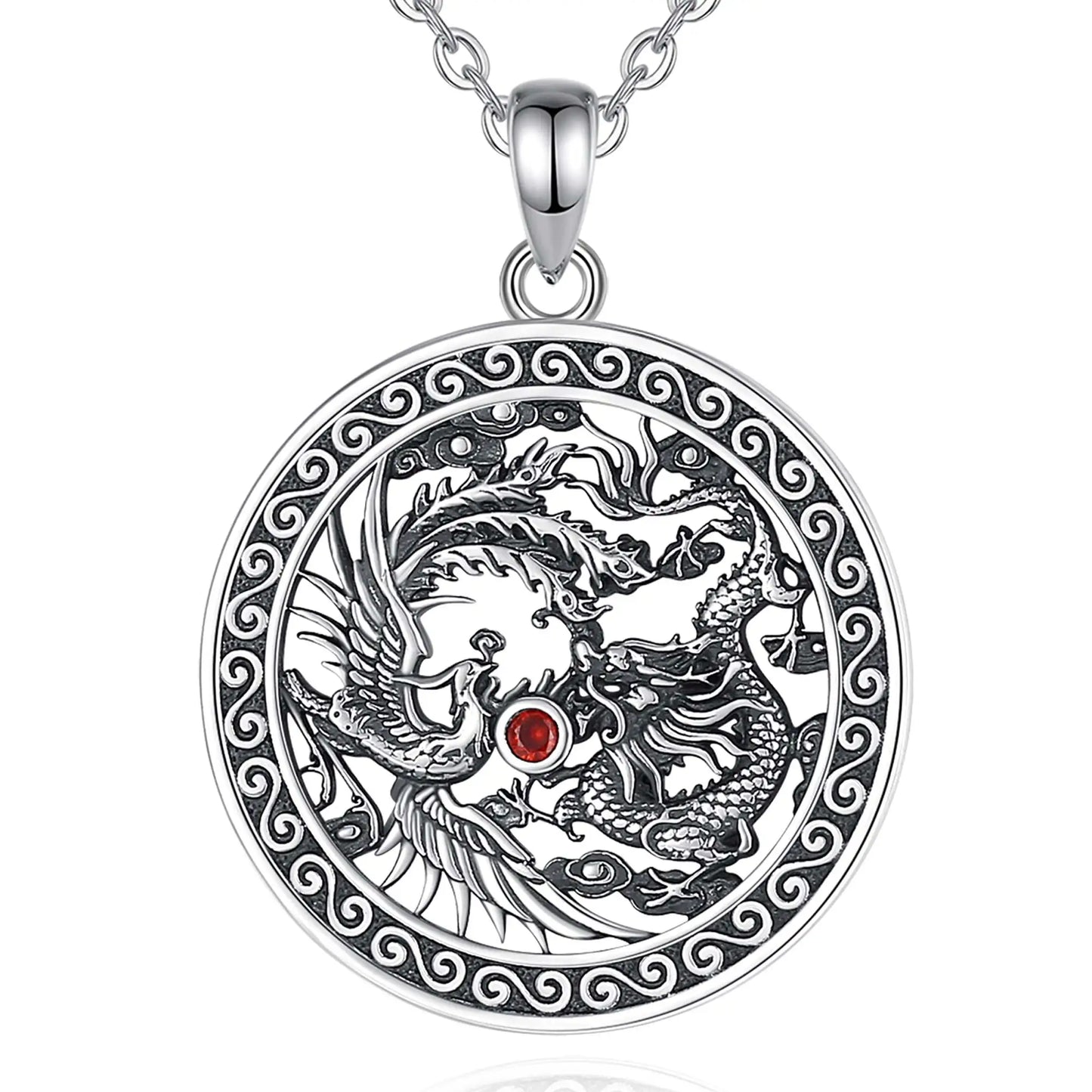 Eudora Halskette aus 925er-Sterlingsilber, Phoenix-Drachen-Halskette für Damen und Herren, Vintage-Stil, roter Zirkon, Sonnenamulett-Anhänger, Persönlichkeitsschmuck, Geschenk