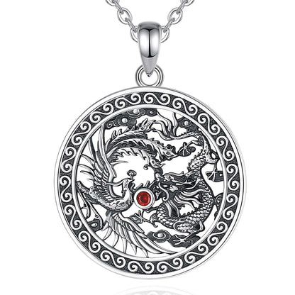 Eudora Halskette aus 925er-Sterlingsilber, Phoenix-Drachen-Halskette für Damen und Herren, Vintage-Stil, roter Zirkon, Sonnenamulett-Anhänger, Persönlichkeitsschmuck, Geschenk