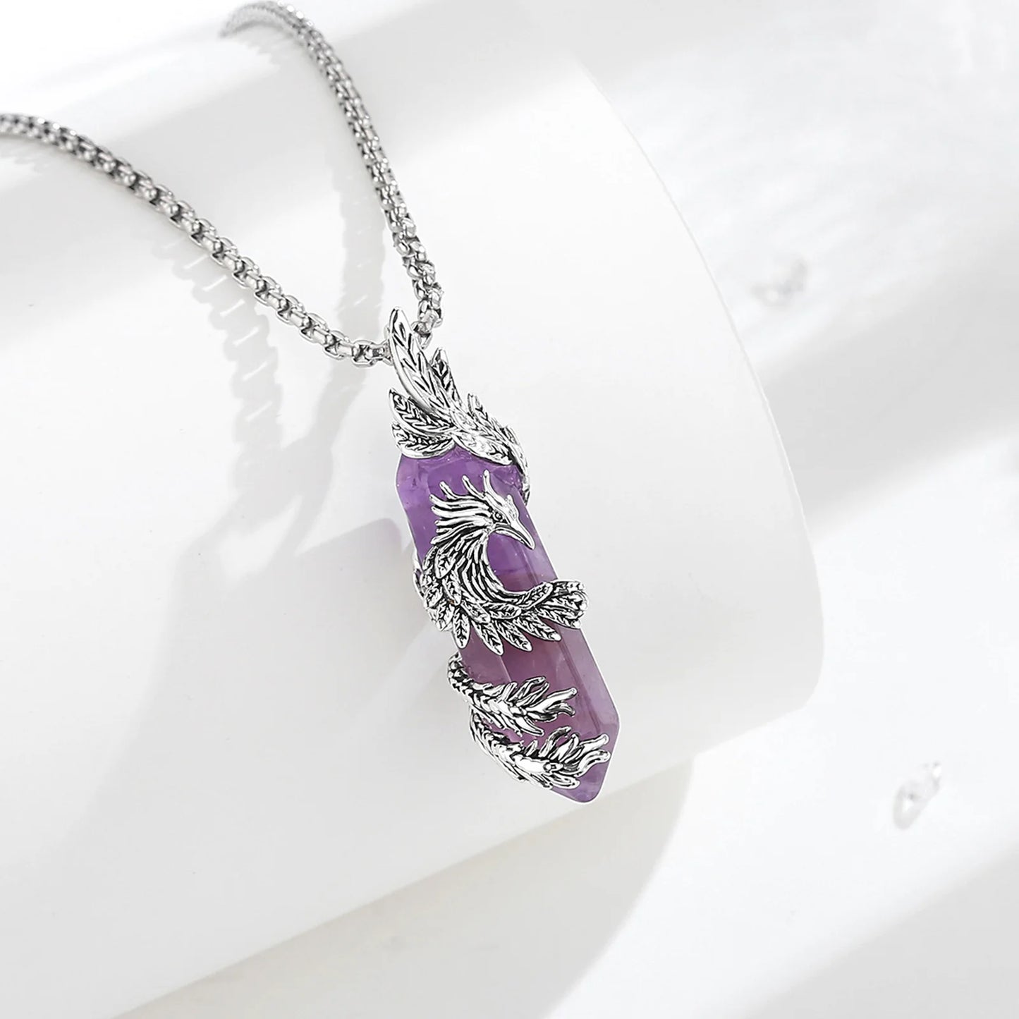 Eudora Phoenix Twining Hexagonal Amethyst Prismatic Necklace Natural Healing Stone Crystal Pendant Spiritual Jewelry Women Gift