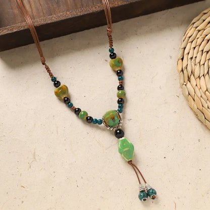Ceramic Necklace with Colorful Beads Flower-shaped Long Sweater Chain Retro Accessory for Women