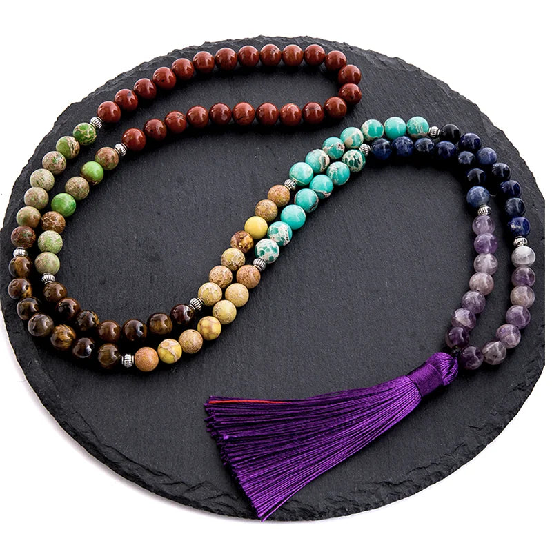 8mm Naturstein 7 Chakra Halskette Meditation Yoga Friedens- und Geistes-Schmuck 108 Japamala Perlen-Rosenkranz Quasten-Anhänger