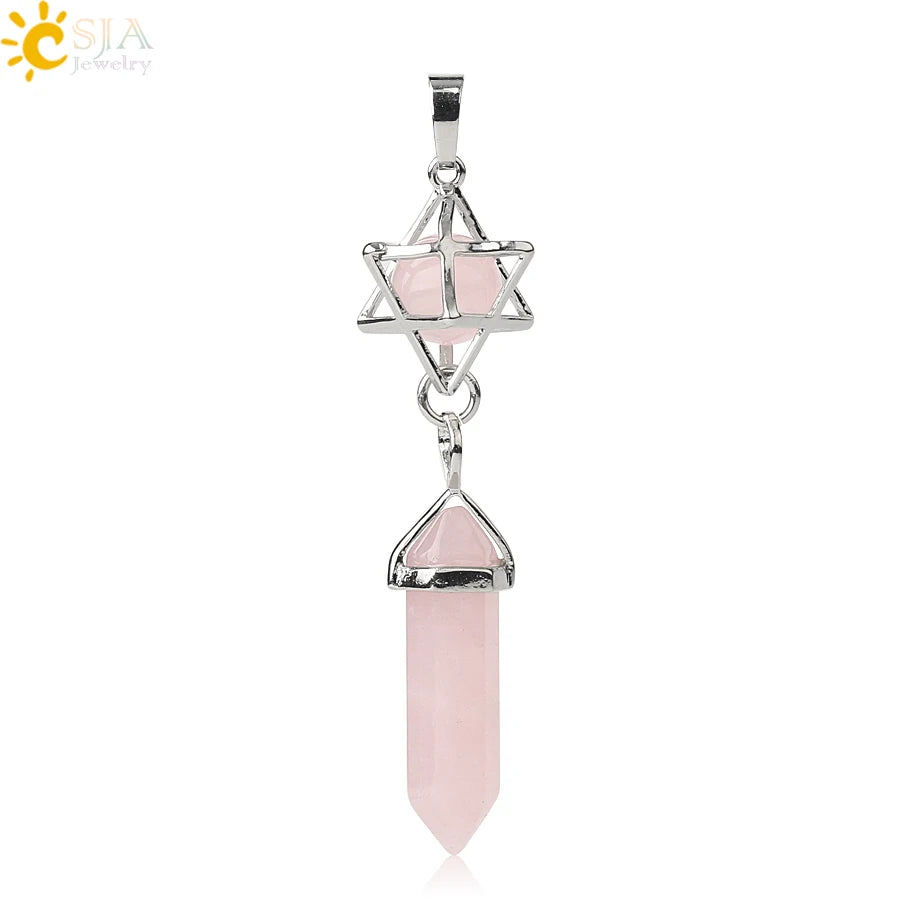 CSJA Reiki Naturstein-Anhänger Merkaba Medaillon Pendel Sechseckiges Kristallprisma Lange Anhänger für Halsketten Damenschmuck G512