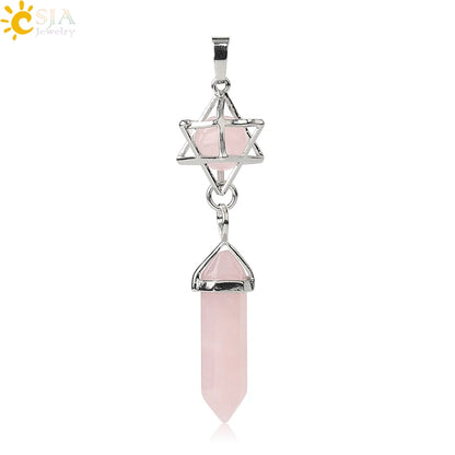 CSJA Reiki Naturstein-Anhänger Merkaba Medaillon Pendel Sechseckiges Kristallprisma Lange Anhänger für Halsketten Damenschmuck G512