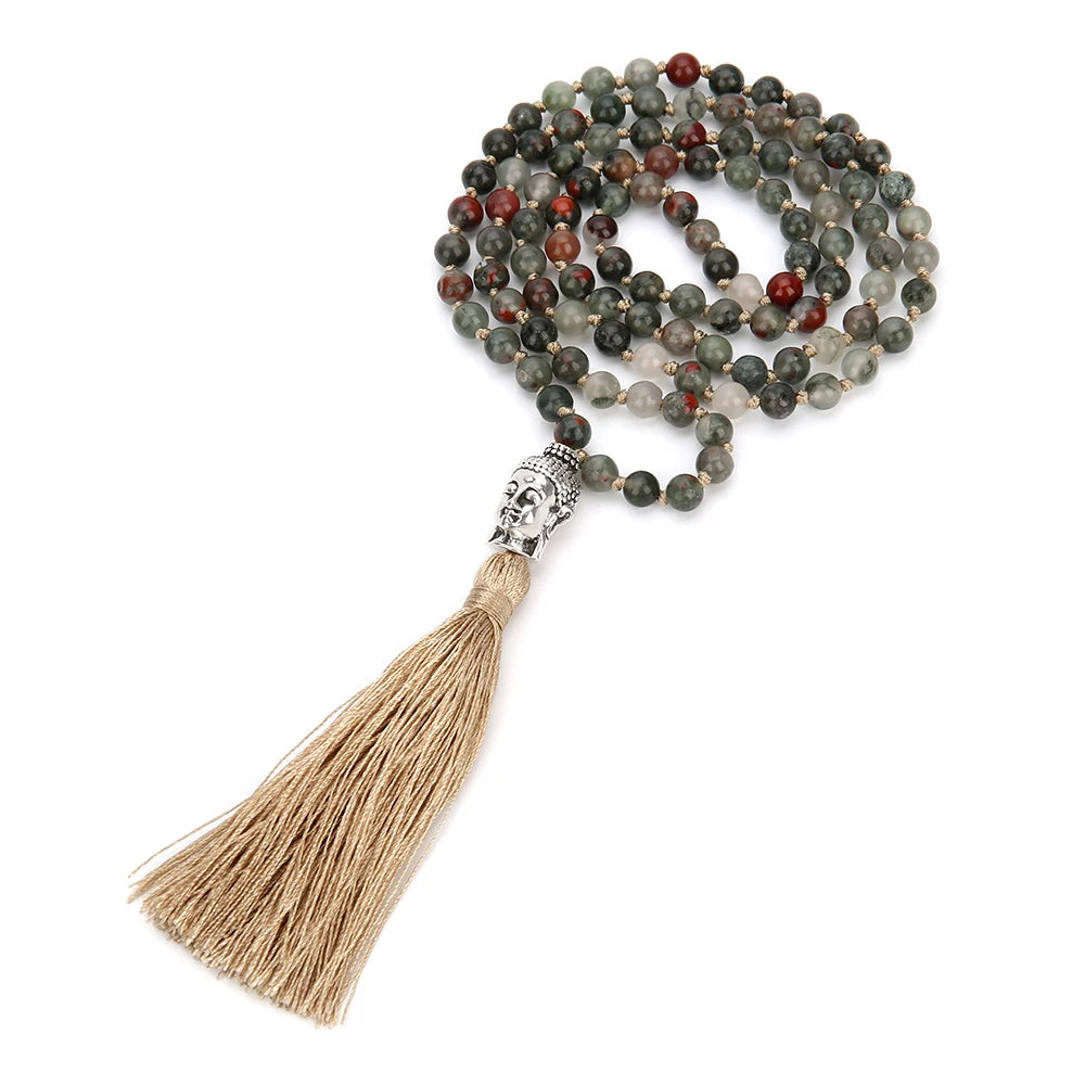 6/8mm Natürliche Blutstein 108 Mala Perlen Verknotet Halskette Meditation Yoga Tibetischen Buddha Kopf Quaste Anhänger Japa Rosenkranz schmuck