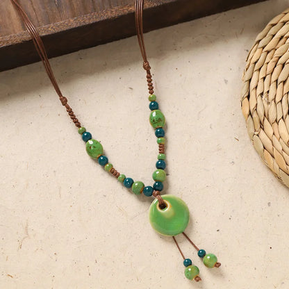 Ceramic Necklace with Colorful Beads Flower-shaped Long Sweater Chain Retro Accessory for Women