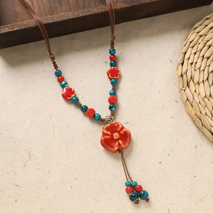 Ceramic Necklace with Colorful Beads Flower-shaped Long Sweater Chain Retro Accessory for Women