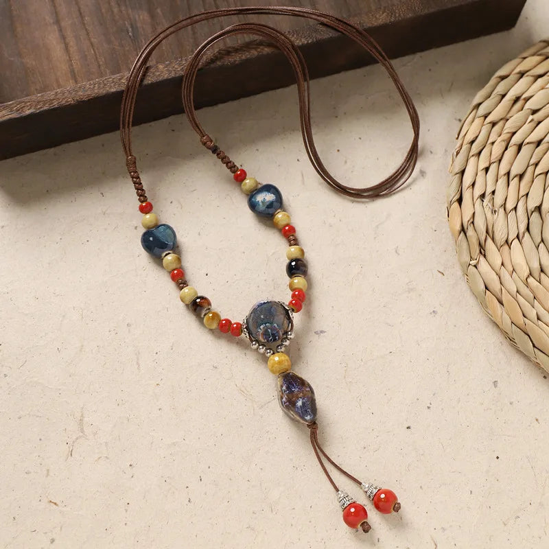 Ceramic Necklace with Colorful Beads Flower-shaped Long Sweater Chain Retro Accessory for Women