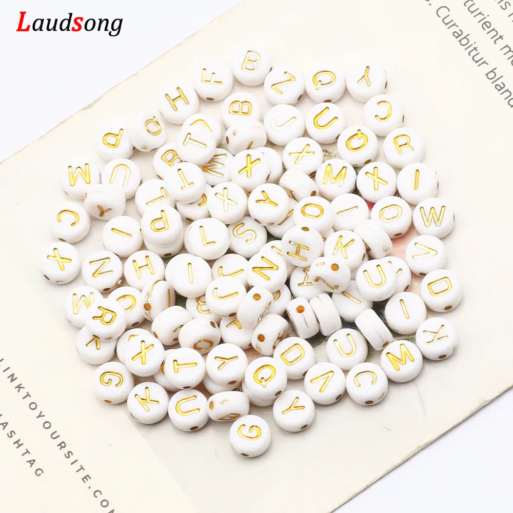 7mm Weißgold Farbe Mix Buchstaben Acryl Perlen Runde Flache Alphabet Lose Perlen Für Schmuck Handgemachte Diy Armband Halskette