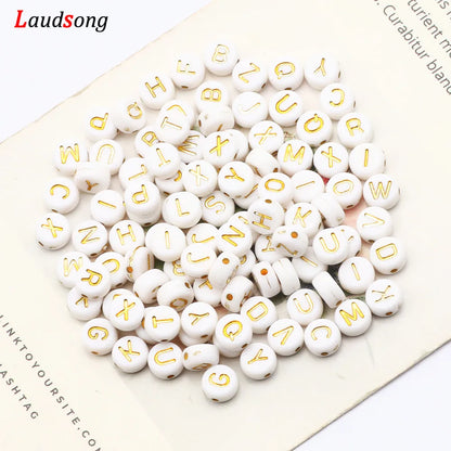 7mm Weißgold Farbe Mix Buchstaben Acryl Perlen Runde Flache Alphabet Lose Perlen Für Schmuck Handgemachte Diy Armband Halskette