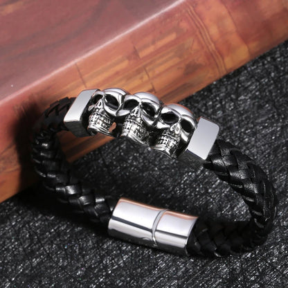Übertreibung Männer Schmuck Schwarz Geflochtene Leder Armbänder Edelstahl Leder Armbänder Coole Schädel Armbänder Männer Armband