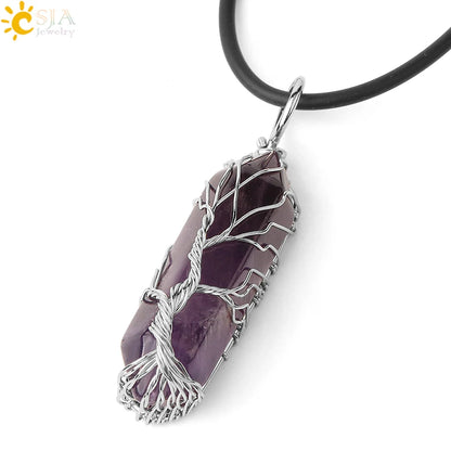 CSJA Kristalle Halskette Stein Natürlichen Kristall Anhänger Sechseckige Silber Farbe Lebensbaum Draht Wrap Frauen Männer Quarz Schmuck G551