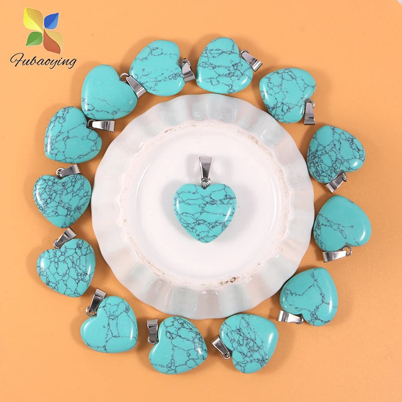 12 Stück Naturstein Quarz Rosenkristall Türkis Opal Herz Anhänger 16mm DIY Schmuckherstellung Halskette Zubehör Charms Handwerk