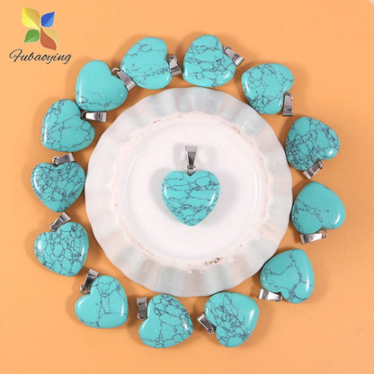 12 Stück Naturstein Quarz Rosenkristall Türkis Opal Herz Anhänger 16mm DIY Schmuckherstellung Halskette Zubehör Charms Handwerk