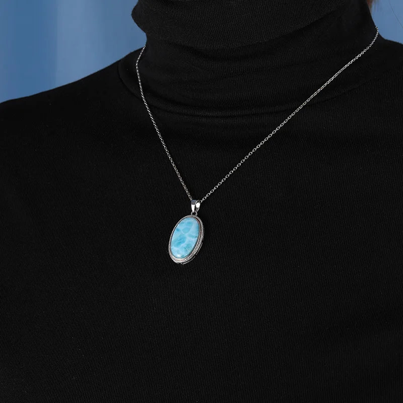 925 Sterling Silber Schmuck Geschenke Klassische Anhänger Halskette Natürliche Edel Larimar Retro Frau Oval Charme Rhodium Überzogene Gold