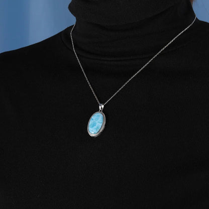 925 Sterling Silber Schmuck Geschenke Klassische Anhänger Halskette Natürliche Edel Larimar Retro Frau Oval Charme Rhodium Überzogene Gold