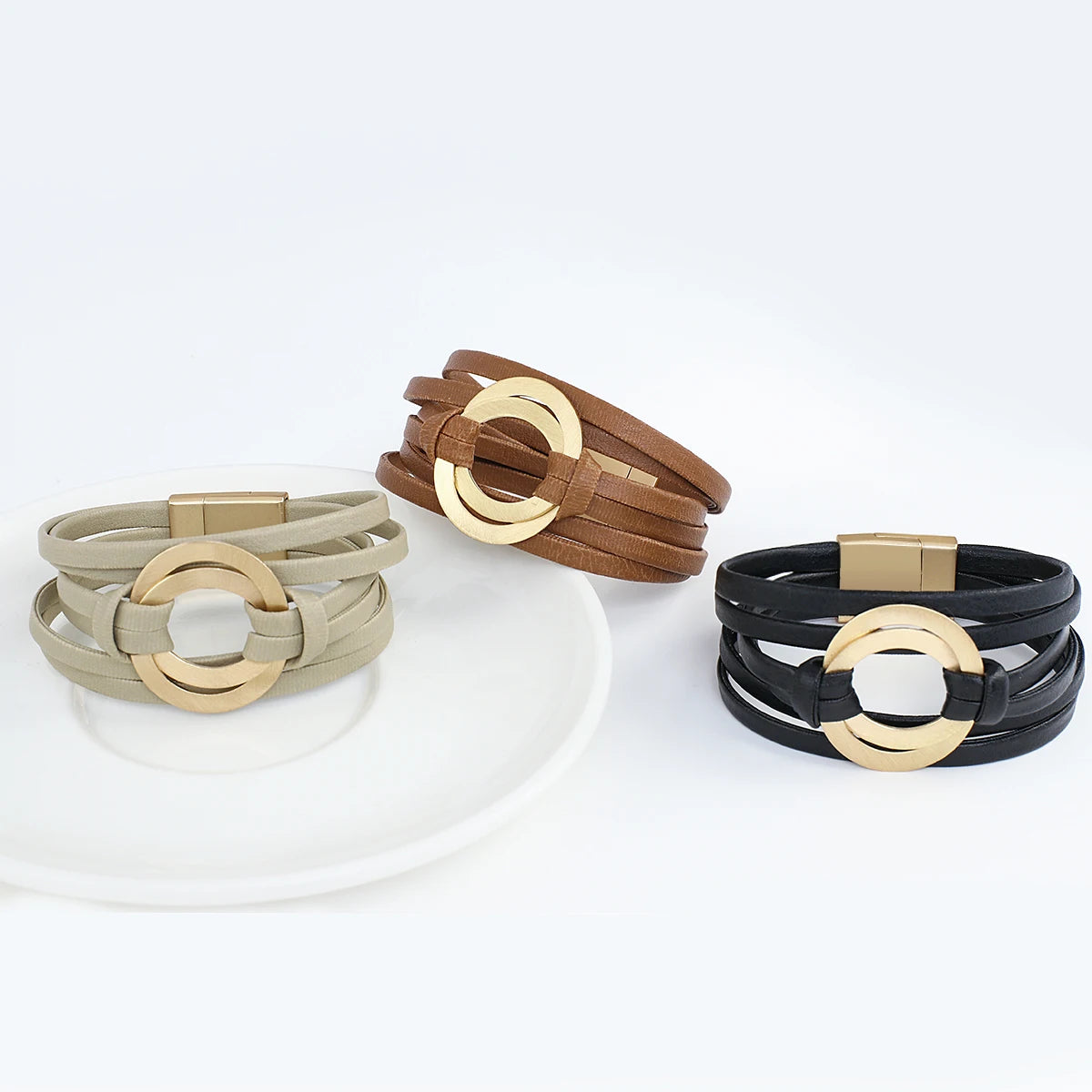 ALLYES Boho Genuine Leather Bracelets for Women Men Fashion Round Hollow Circles Charm Wrap Bracelet Bangle Female Jewelry Gifts