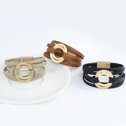 ALLYES Boho Genuine Leather Bracelets for Women Men Fashion Round Hollow Circles Charm Wrap Bracelet Bangle Female Jewelry Gifts