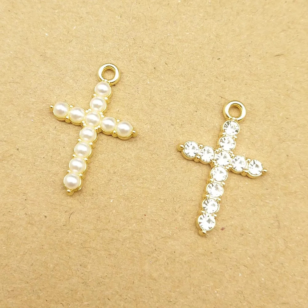 10 Stück Perlen-Kristall-Kreuz-Charm für Schmuckherstellung, Halskette, Armband, Ohrring, Anhänger, Diy-Zubehör, Zinklegierung
