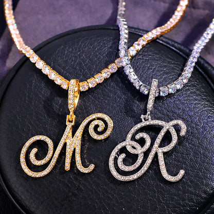 Neue Kursive Buchstaben Kubische Zirkonia Kette Initialen Namenskette Hip-Hop Schmuck Gold Silber Farbe CZ 26 Alphabet Anhänger Halsketten