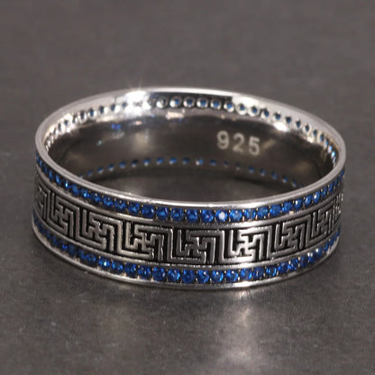 Türkische Ringe aus echtem Sterlingsilber 925, für Männer und Frauen mit blauem, rundem Zirkon, Retro-Punk-Ringe, modischer Silberschmuck