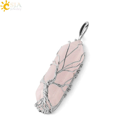 CSJA Kristalle Halskette Stein Natürlichen Kristall Anhänger Sechseckige Silber Farbe Lebensbaum Draht Wrap Frauen Männer Quarz Schmuck G551
